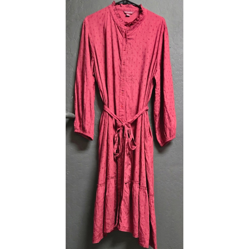 April Cornell Burgundy Red Clip Dot Tiered Midi Dress XXL Long Sleeve Ruffle